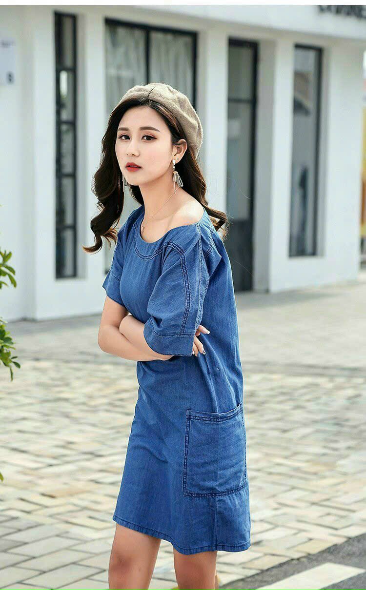 ĐẦM JEAN DENIM DÁNG XÒE CỔ SƠ MI PHỐI CARO